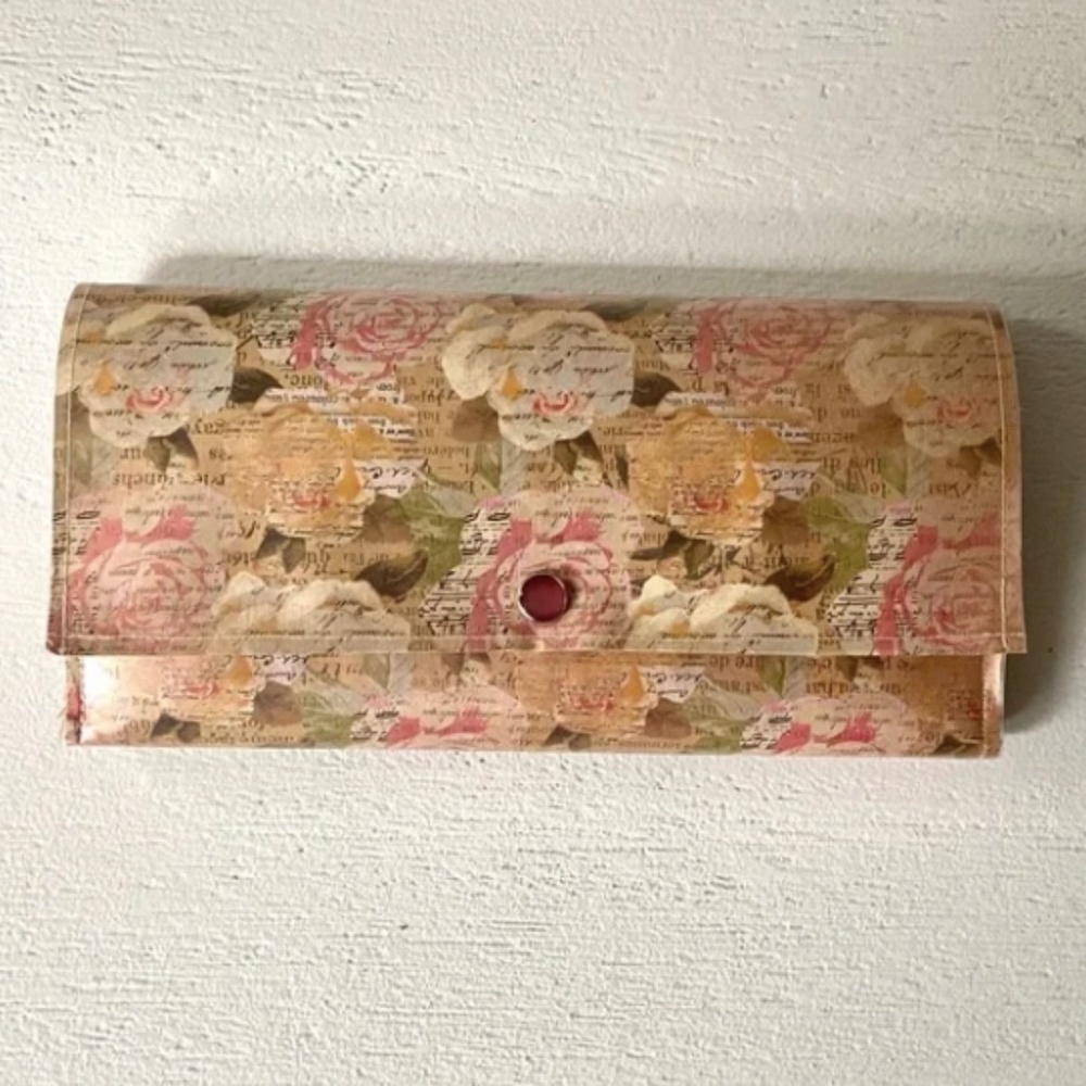 Handmade Roses & Flowers Laminated Paper Trifold Wallet Vegan Custom Upcycle